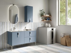 DESK 130 cm Matte Avio Blue Laundry Cabinet, Matt White Handles and Feet, OKRY Left Sink