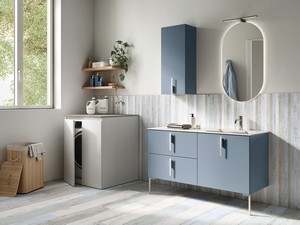 DESK 130 cm Matte Avio Blue Laundry Cabinet, Matt White Handles and Feet, OKRY Right Sink