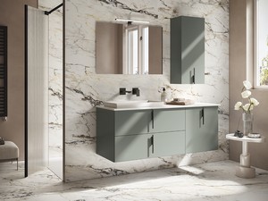 Badezimmermöbel DESK 140 cm Grün matt – Griffe Schwarz matt und Waschbecken STAR Weiß matt