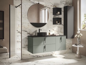 Badezimmermöbel DESK 140 cm Mattgrün – Griffe Schwarz Op. und Platte Phoenix Schwarz Op.