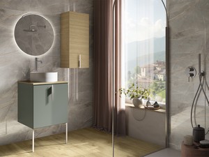 Badezimmermöbel DESK 50 cm 1 Tür Mattgrün / Eiche – Griff und Füße Mattweiß