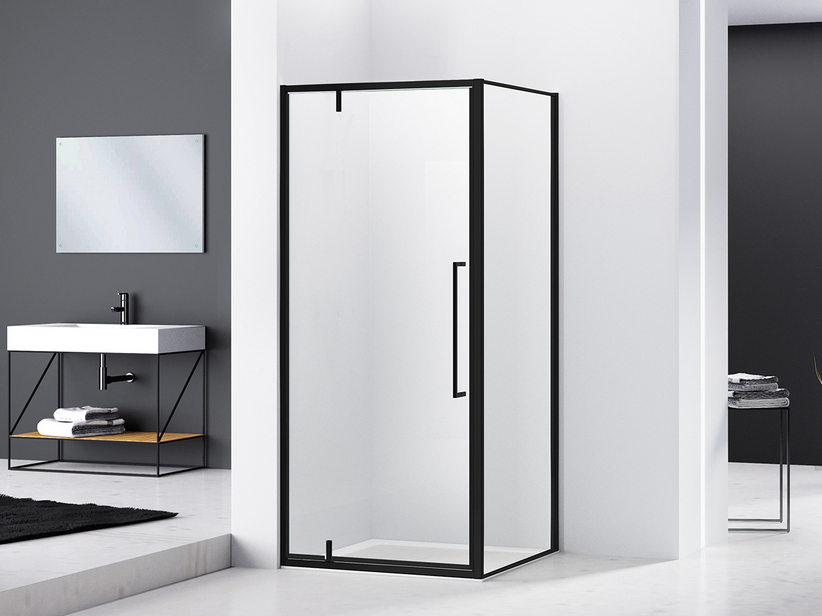 Cabine de douche d'angle feng shui 70x70 h200 porte pivotante et paroi latérale verre noir mat transparent 6 mm