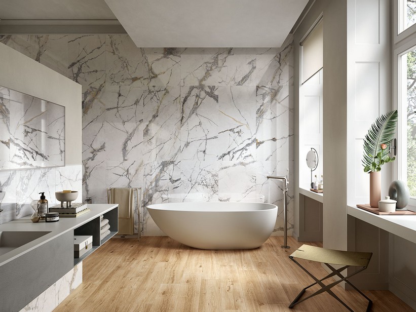 Carrelage salle de bains grès cérame effet marbre finition miroir 60x120 - Iceberg White