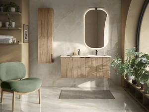 Meuble salle de bains AVIVO 120 cm 2 portes cannelé chêne clair et lavabo céramique vasque droite SMART blanc brillant