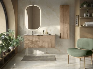 Meuble salle de bains AVIVO 120 cm 2 portes cannelé chêne clair et lavabo céramique vasque gauche SMART blanc brillant