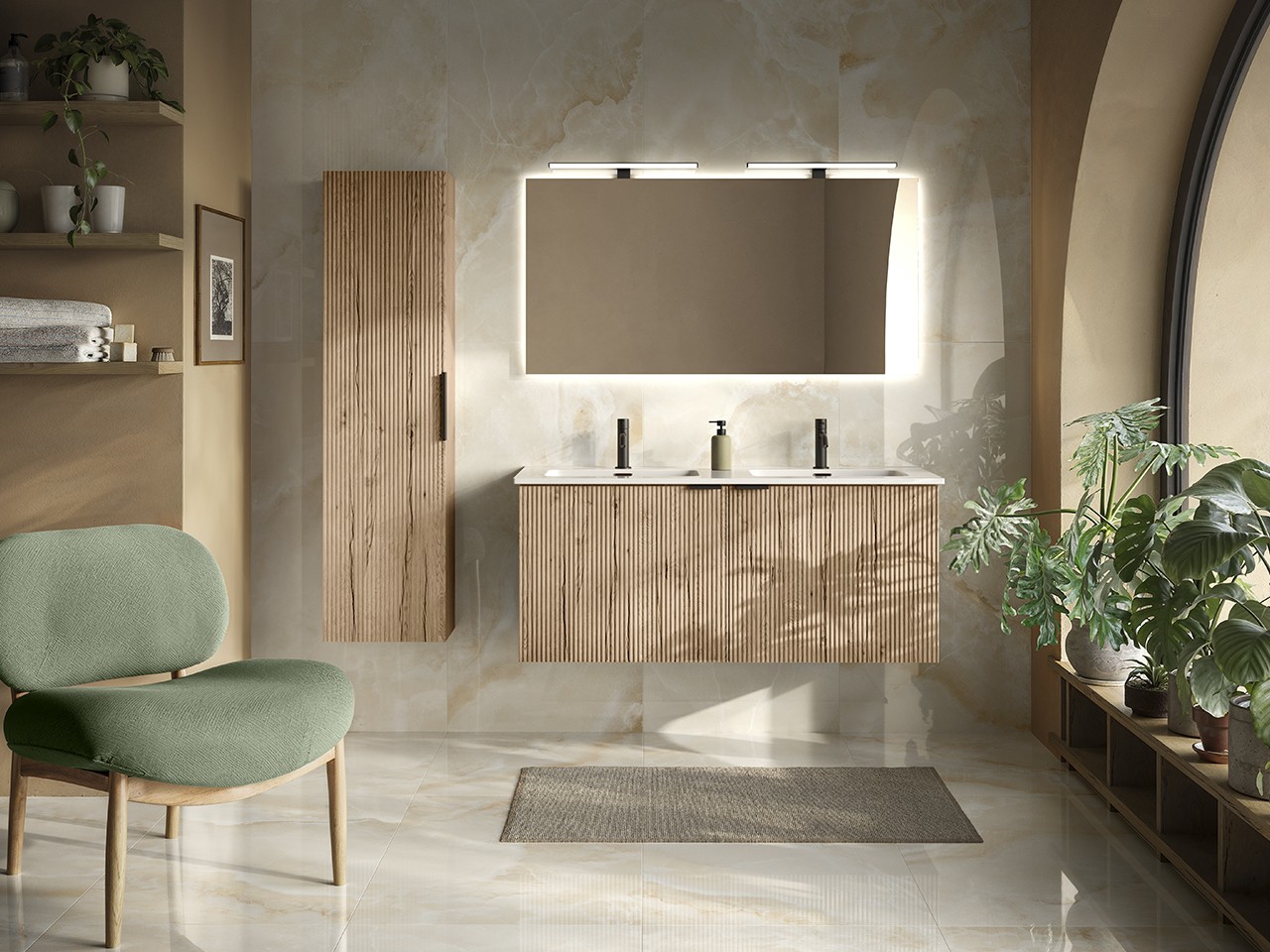 Mobile Bagno AVIVO 120 cm 2 Ante Cannettato Rovere Chiaro con Lavabo ...