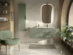 Meuble salle de bains AVIVO 120 cm 2 portes cannelé vert mat et lavabo céramique vasque droite SMART blanc brillant