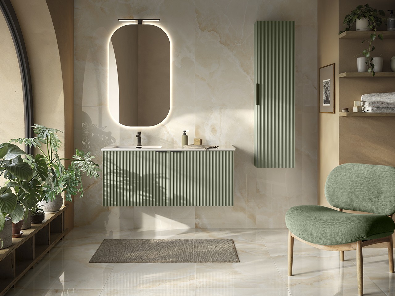 Mobile Bagno AVIVO 120 Cm 2 Ante Cannettato Verde Opaco Con Lavabo Mobile Bagno AVIVO 120 Cm 2 Ante Cannettato Verde Opaco Con Lavabo