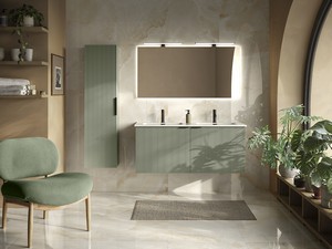 Meuble salle de bains AVIVO 120 cm 2 portes cannelé vert mat et lavabo céramique double vasque ANDY blanc brillant