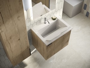 Meuble salle de bains/buanderie AVIVO 60 cm 1 porte cannelé chêne clair avec lavabo/lavoir résine WASH blanc brillant