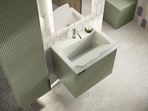 Meuble salle de bains/buanderie AVIVO 60 cm 1 porte cannelé vert mat avec lavabo/lavoir résine WASH blanc brillant