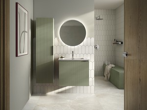 Meuble salle de bains AVIVO 60 cm 1 porte cannelé vert mat et lavabo céramique ANDY blanc brillant