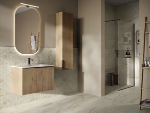 Meuble salle de bains AVIVO 75 cm 2 portes cannelé chêne clair et lavabo résine SMILE blanc brillant