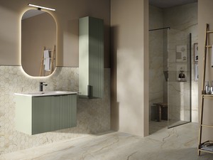 Meuble salle de bains AVIVO 75 cm 2 portes cannelé vert mat et lavabo résine SMILE blanc brillant