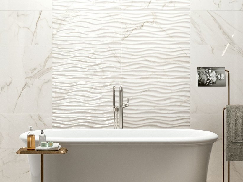 Carrelage Julia Wave Calacatta 35x70 effet vague 3D marbre blanc brillant