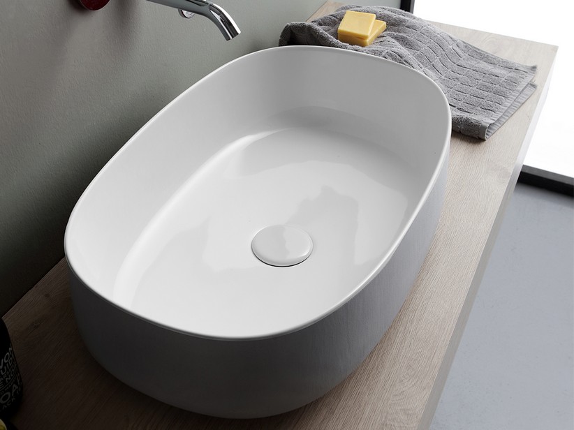 Aufsatzwaschbecken Bucchero Oval 55x35 H14,5 aus Keramik Weiß Glänzend