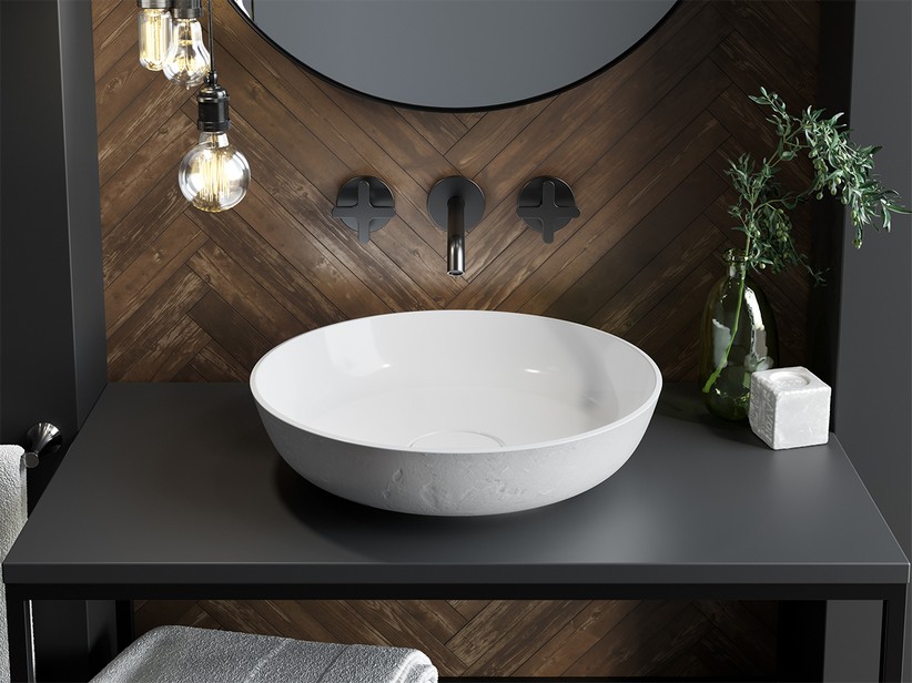 DORTMUND COUNTERTOP WASHBASIN Ø40 H12 cm MARBLE RESIN NATURAL MATERIAL EFFECT AND GLOSSY WHITE