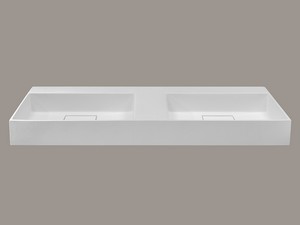Lavabo Unitop double vasque Quadro 140x48 cm en résine effet pierre bouchardée blanc semi-brillant