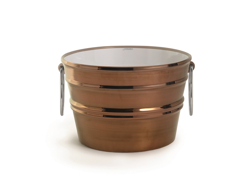 Hänge-/Aufsatzwaschbecken Bacile Midi cm Ø38 H24 mit Ringen aus glänzender kupferroter Keramik