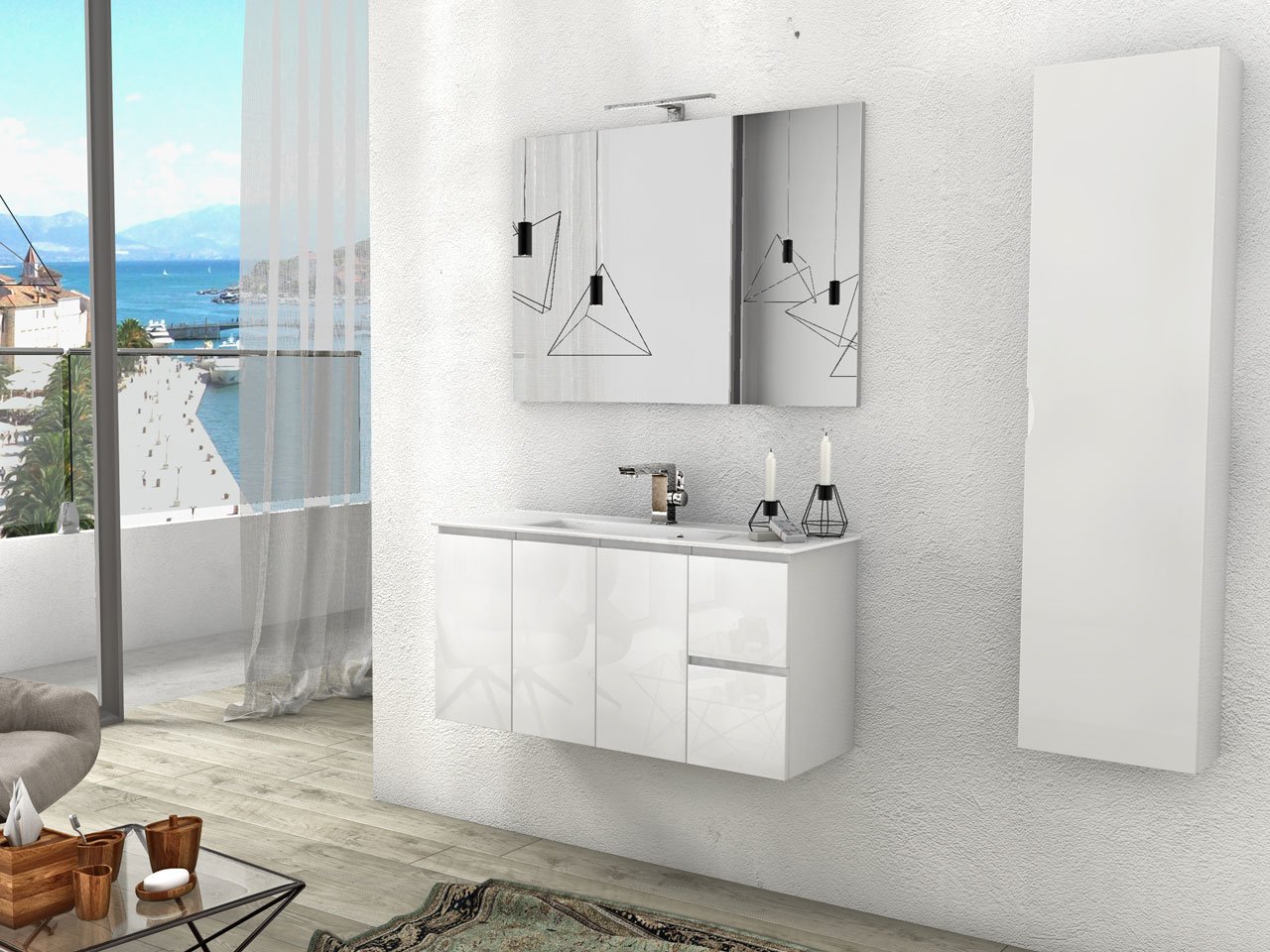 Mobile Bagno Alyssa 101 cm a Terra Bianco Lucido Lavabo Bianco Lucido