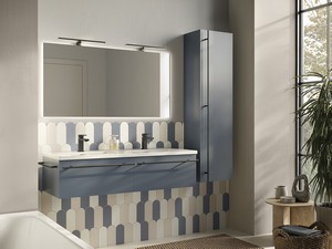 Badezimmermöbel LUMI L120 cm mit 2 Schubladen, mattblau, mit Waschbecken Unitop SLIM aus glänzend weißem Harz