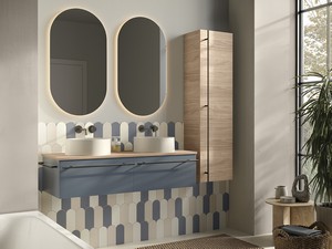 Badezimmermöbel LUMI L120 cm mit 2 Schubladen, mattes Nussbaum-/Hellblau-Finish mit Holzoptik-Aufsatz in Nussbaumporenoptik