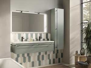 Badezimmermöbel LUMI Br.120 cm mit 2 Schubladen, mattgrün, mit Waschbecken Unitop ANDY aus glänzend weißer Keramik