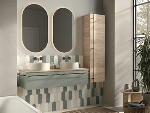 Badezimmermöbel LUMI L120 cm mit 2 Schubladen, mattes Nussbaum-/Grün-Finish mit Holzoptik-Aufsatz in Nussbaumporenoptik