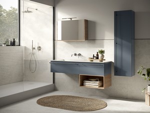 Badezimmermöbel LUMI L140 cm mit 2 Schubladen Nussbaum/Mattblau Waschbecken Unitop HIDE links aus glänzendem weißem Harz