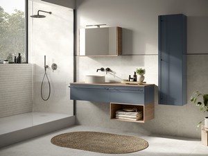 Badezimmermöbel LUMI L140 cm mit 2 Schubladen, Ausführung Nussbaum/Mattblau mit Platte in Nussbaumholzoptik