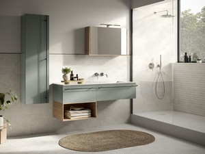 Badezimmermöbel LUMI Br. 140 cm mit 2 Schubladen Nussbaum/mattgrün Waschbecken Unitop HIDE rechts aus glänzendem weißem Harz