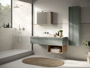 Badezimmermöbel LUMI Br. 140 cm mit 2 Schubladen Nussbaum/mattgrün Waschbecken Unitop HIDE links aus glänzendem weißem Harz