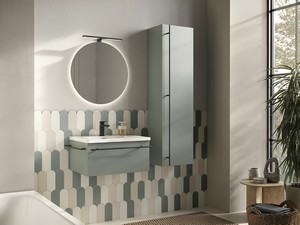 Badezimmermöbel LUMI L60 cm mit 1 Schublade, mattgrüne Oberfläche, mit Waschbecken Unitop SLIM aus glänzend weißem Harz