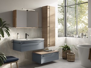 Badezimmermöbel LUMI L80 cm mit 1 Schublade, mattblau, mit Waschbecken Unitop ANDY aus glänzend weißer Keramik