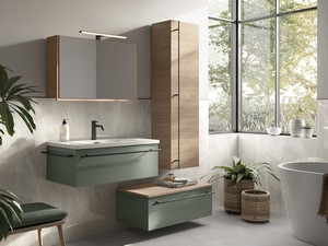 Badezimmermöbel LUMI L80 cm mit 1 Schublade, mattgrün, mit Waschbecken Unitop ANDY aus glänzend weißer Keramik