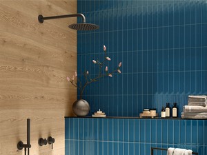 Wandfliese Mahjong Blu Denim 3D Lux 6x24,6 Einbrand Blau glänzend