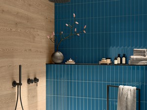 Wandfliese Mahjong Blu Denim 3D Lux 6x24,6 Einbrand Blau glänzend