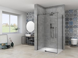 Mantra Corner Shower Enclosure 120x70 H200 Hinged Door 8 mm Transparent and Corrugated Glass and Matte Black Profiles