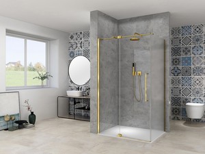 Mantra Corner Shower Enclosure 100x90 H200 Hinged Door 8 mm Transparent and Corrugated Glass and Brushed Gold Profiles