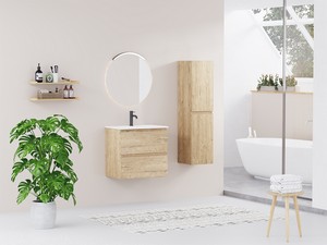 Space-saving bathroom cabinet kit Marea 60 P38 cm 2 drawers Rustic Oak with Glossy White Resin Washbasin