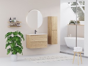 Space-saving bathroom cabinet kit Marea 80 P38 cm 2 drawers Rustic Oak with Glossy White Resin Washbasin