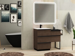Meuble de salle de bains Noho 116 cm avec 3+2 tiroirs frêne foncé et plan de vasque en résine blanc mat