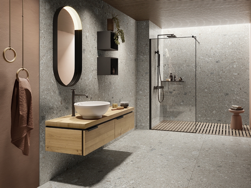 Meuble de salle de bain OXYGEN 140 cm avec 2 tiroirs et un plateau de 4,5 cm en chêne naturel à nœuds