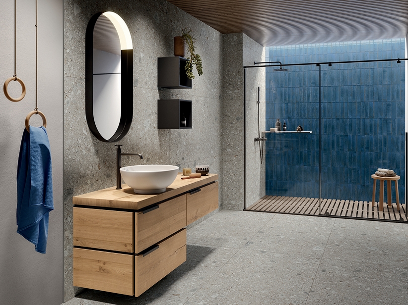Meuble de salle de bain OXYGEN 140 cm avec 3 tiroirs et un plateau de 4,5 cm en chêne naturel à nœuds