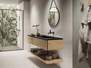 Badmöbel OXYGEN 140 cm 2 Schubladen Eichennaturholz mit Knorren, Unitop- Waschbecken HIDE rechts Harz Schwarz mit Steinoptik