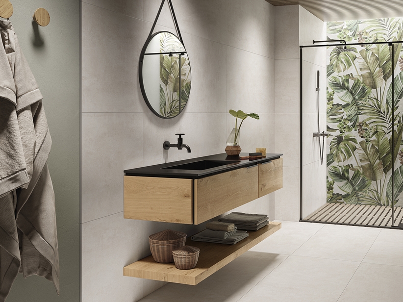 Meuble de salle de bain OXYGEN 140 cm 2 tiroirs chêne naturel lavabo Unitop HIDE gauche résine noir effet pierre