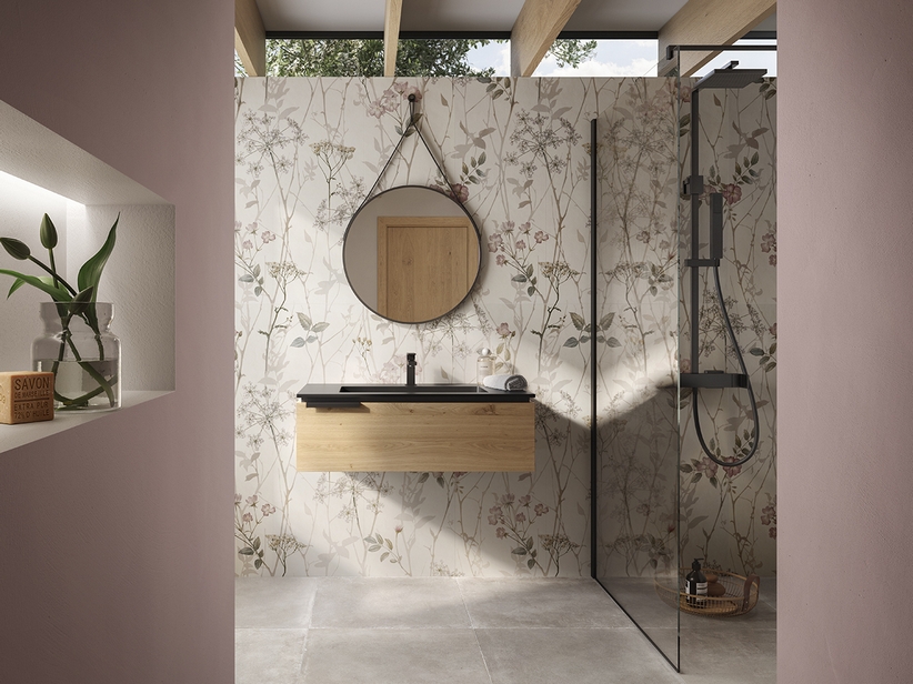 Meuble de salle de bain OXYGEN 90 cm 1 tiroir chêne naturel lavabo Unitop HIDE en résine effet pierre noir