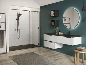 Meuble salle de bain TOUCH 160 cm 3 tiroirs blanc brillant lavabo unitop HIDE droit en résine effet pierre noir
