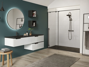 Meuble salle de bain TOUCH 160 cm 3 tiroirs blanc brillant lavabo unitop HIDE gauche en résine effet pierre noir