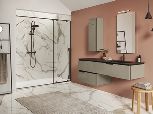 Meuble salle de bain TOUCH 160 cm 3 tiroirs taupe brillant lavabo unitop HIDE droit en résine effet pierre noir